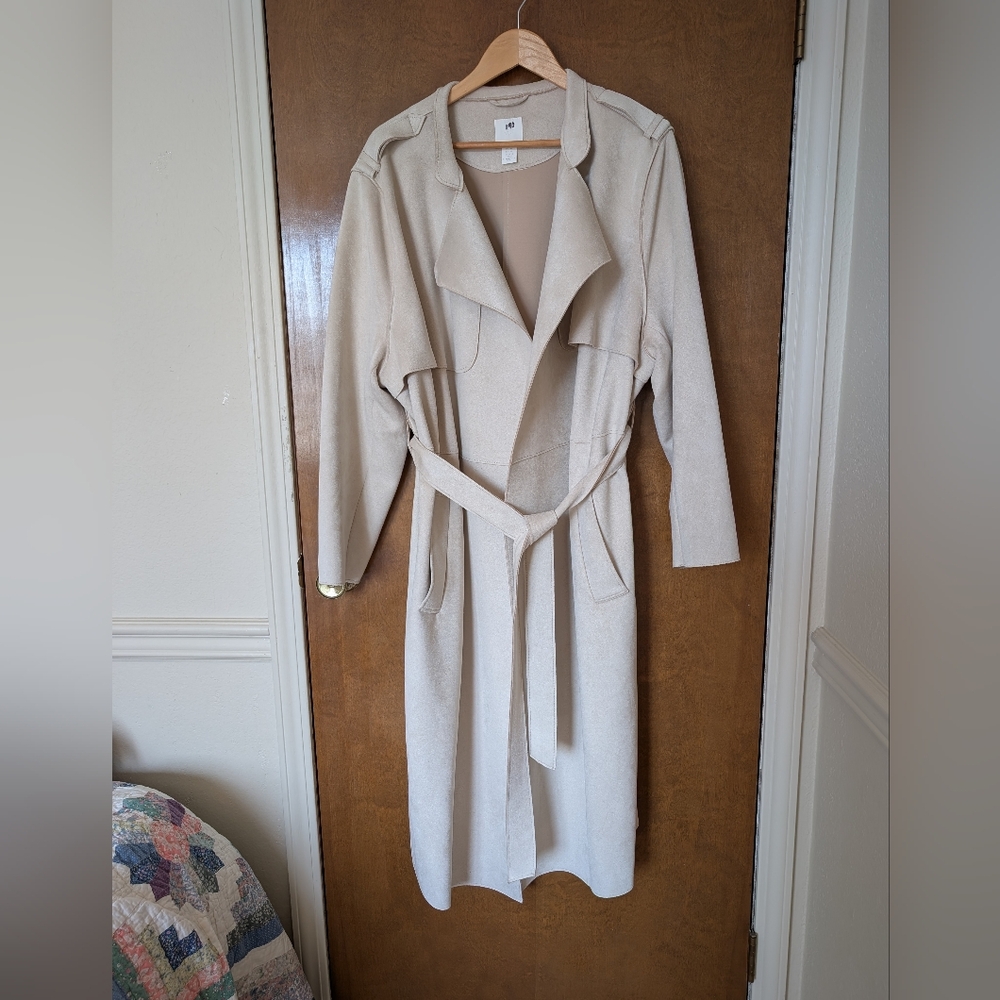H&M Light Beige Light Tan Napped Open Faux Suede Trench Coat